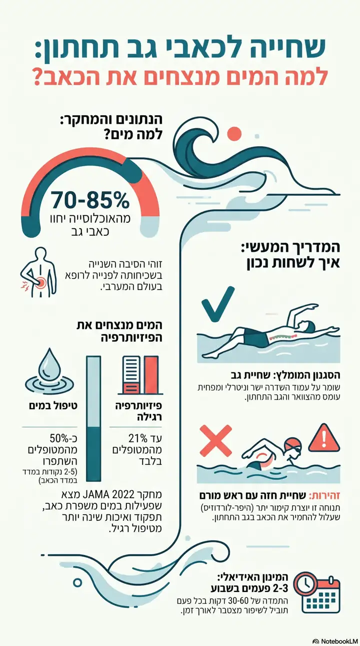 אינפוגרפיקה: שחייה לכאבי גב תחתון — 70-85% חווים כאב גב, ממצאי JAMA 2022, שחיית גב מומלצת, זהירות משחיית חזה עם ראש מורם, 2-3 פעמים בשבוע