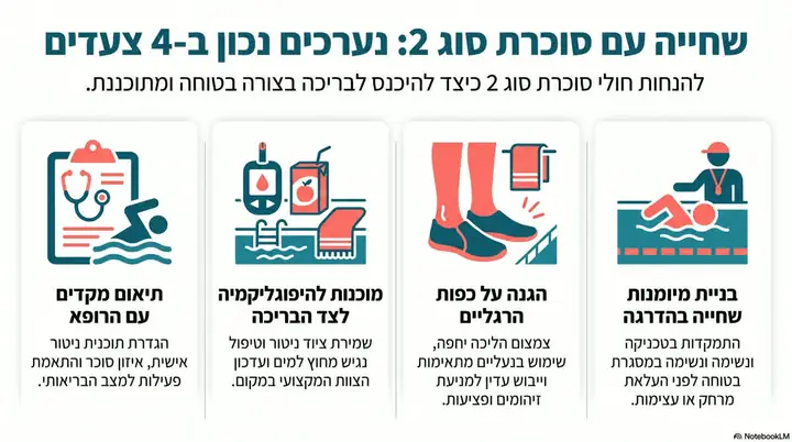 אינפוגרפיקה בעברית על הכנה לשחייה עם סוכרת סוג 2: תיאום עם הרופא, ציוד לטיפול בהיפוגליקמיה, הגנה על כפות הרגליים ובניית מיומנות בהדרגה