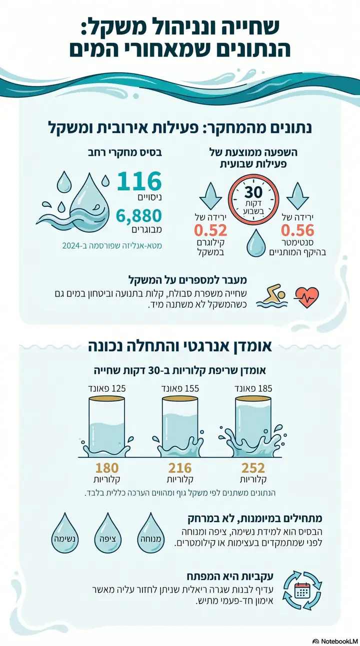 אינפוגרפיקה בעברית על שחייה וניהול משקל: מאזן אנרגיה כולל, אומדני קלוריות, בניית מיומנות והתקדמות הדרגתית